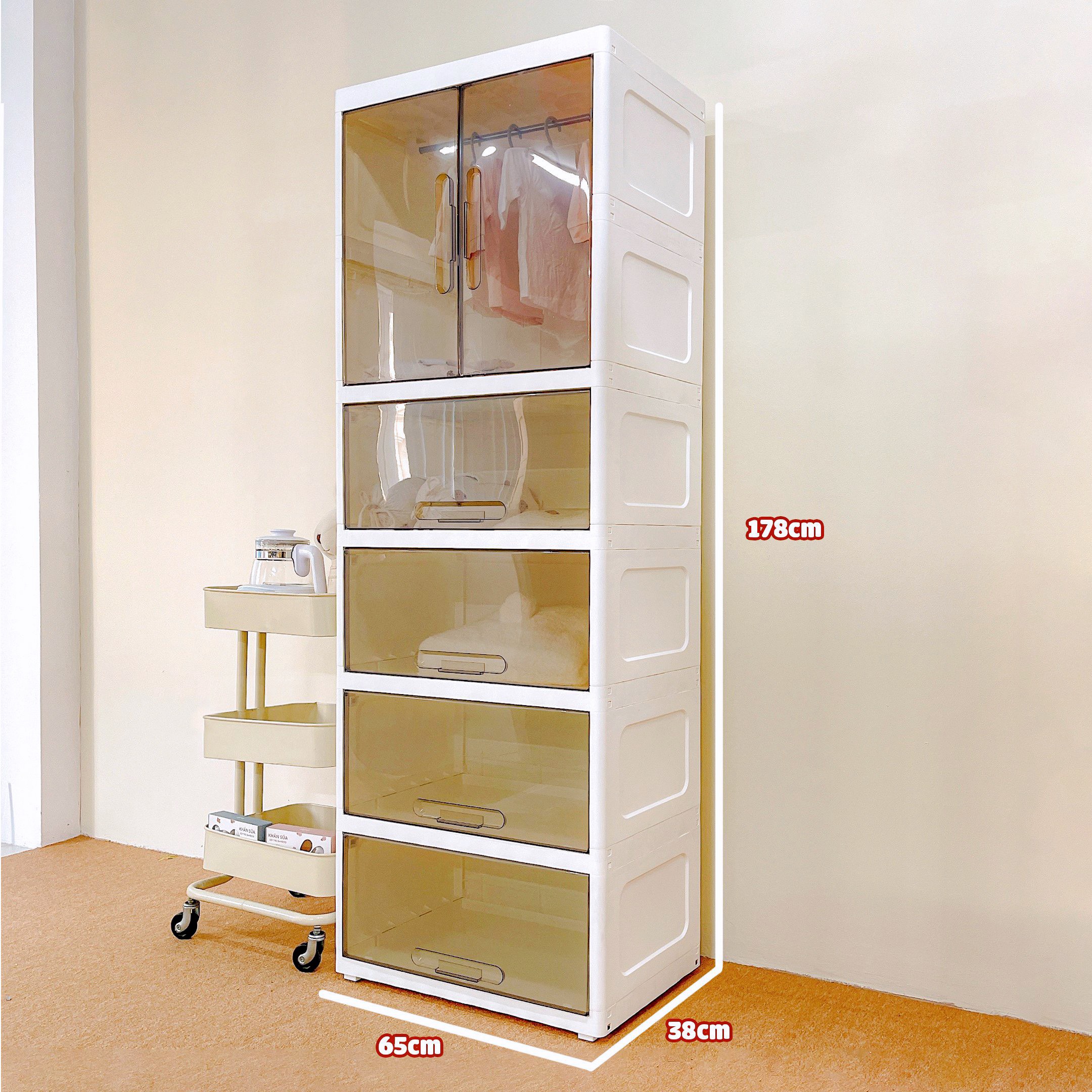 Tủ nhựa trong suốt Monmon Inside, tủ đựng quần áo trẻ em 4 tầng/ 5 tầng - Chính Hãng