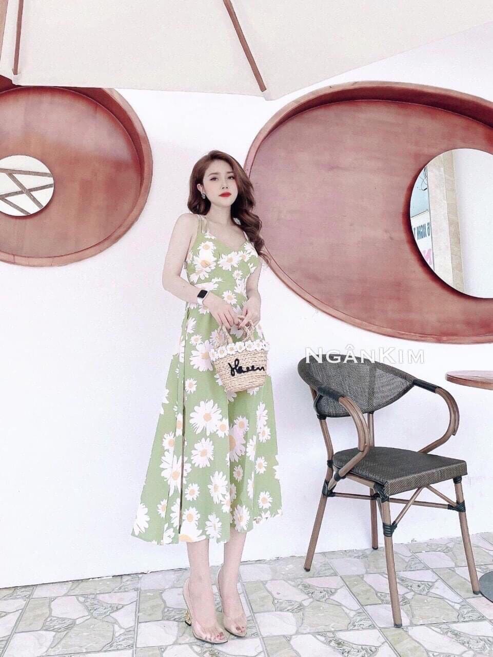 Váy đầm nữ hai dây in hoa vải lụa