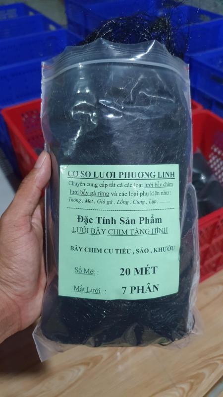 20 mét lưới bẫy cu , cò , quốc , tổng hợp chim ngày ( lỗ 7 phân chiều cao 5m5 - 4 dây 3 túi ) lưới cước thái màu đen tàng hình