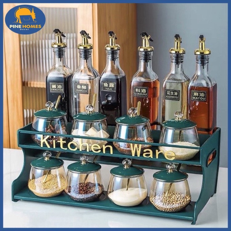 [Hàng có sẵn] Bộ Đựng Gia Vị Kitchen Ware Thuỷ Tinh Hổ Phách Cao Cấp