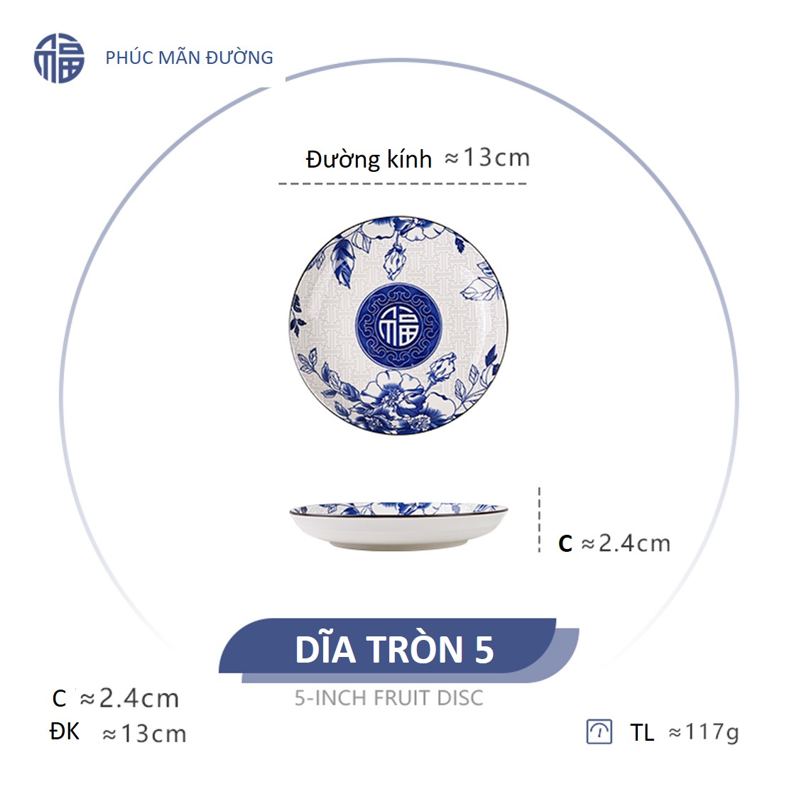 Dĩa tròn gốm sứ hoa văn Chữ Phúc 4D