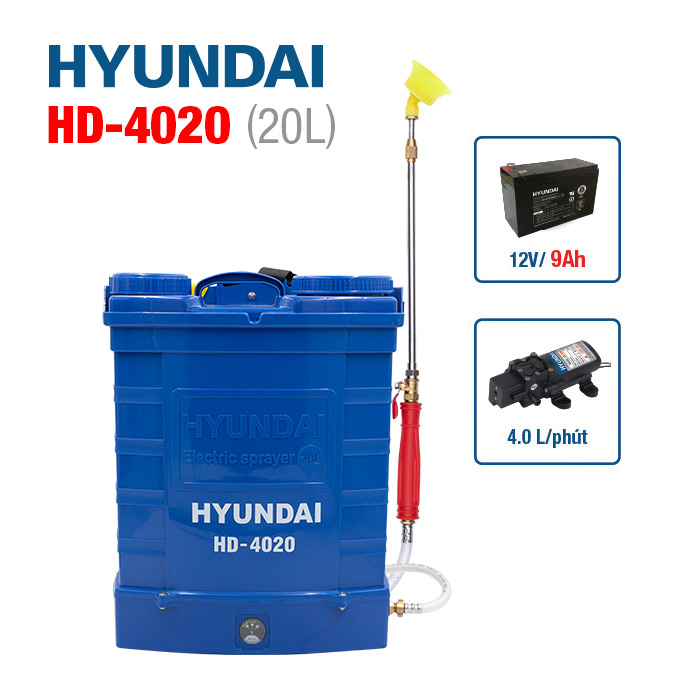 Bình xịt thuốc trừ sâu hyundai hd-4020 | bình xịt điện 20 lít | 80psi - 4 lít/phút | 12v - 8ah