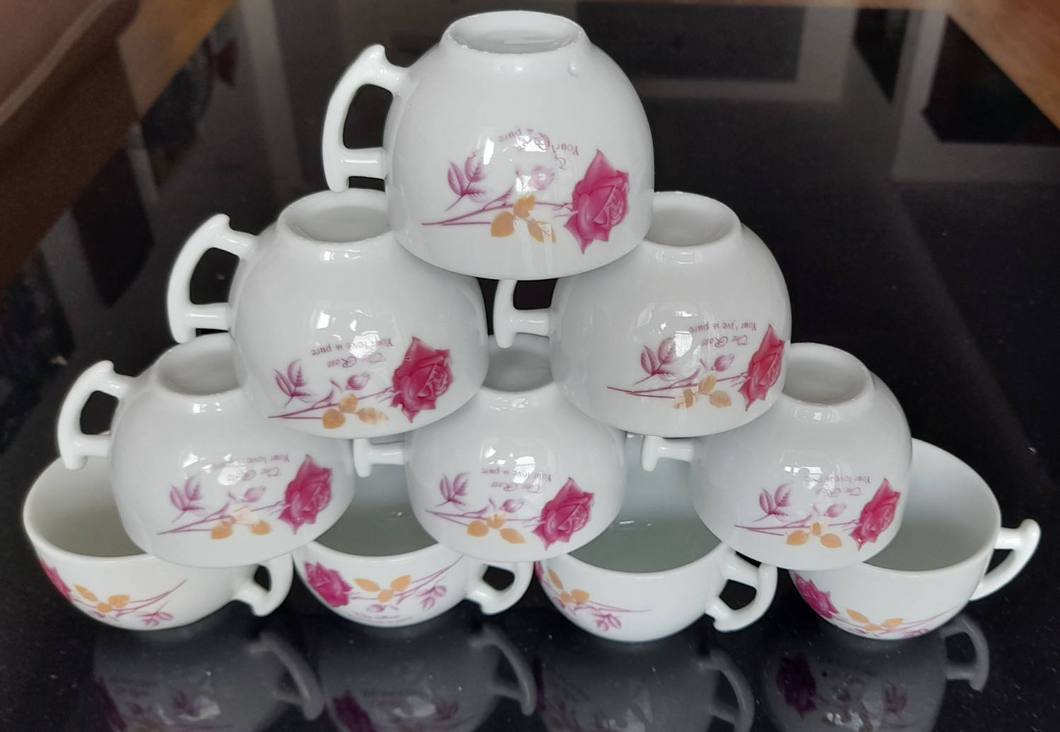 10 Chén trà (ly, tách) Hoa Hồng đỏ, hàng bình dân, giá rẻ