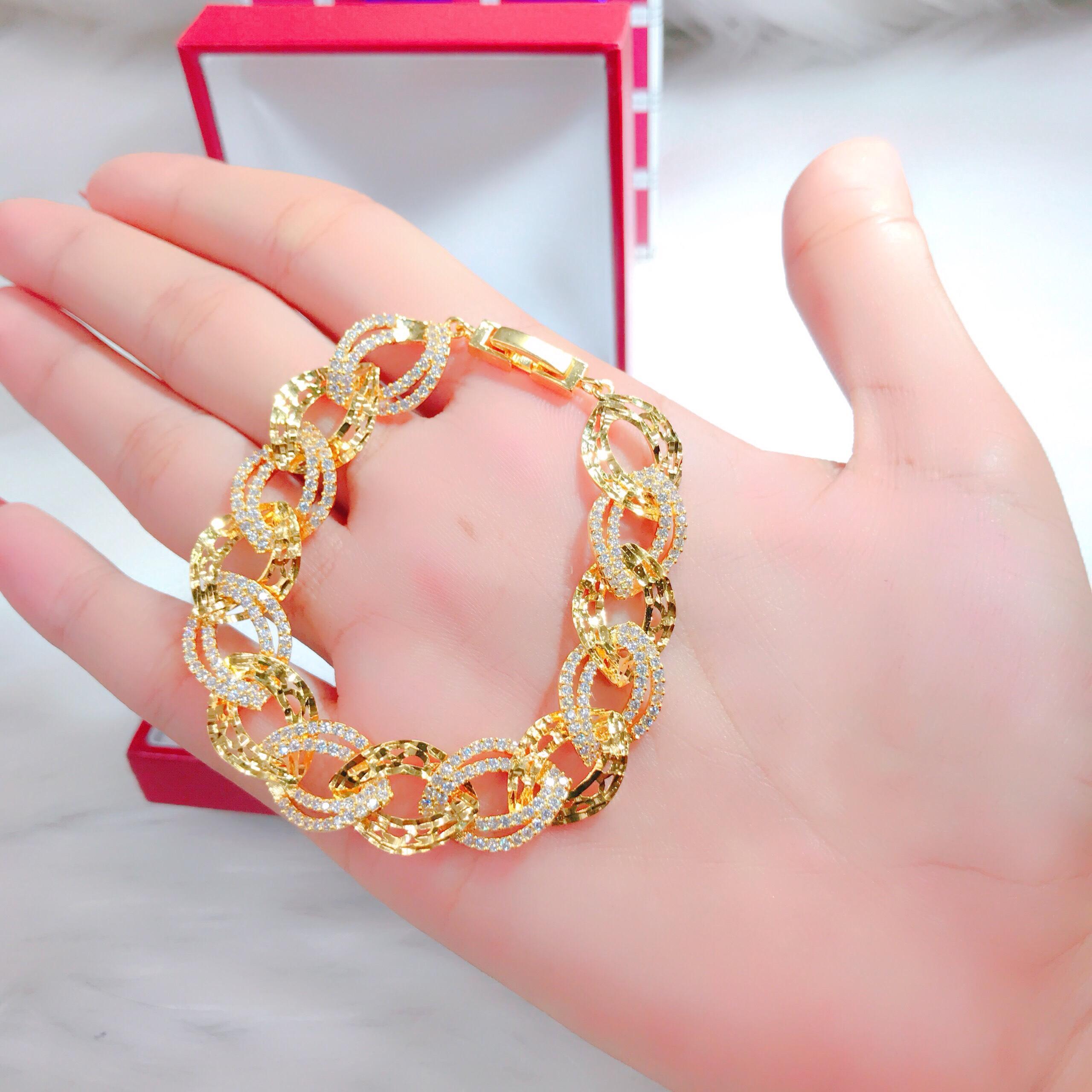 Lắc tay nữ vàng tây, lắc tay mắt xích hình elip nối nhau mạ vàng mạ bạch kim cao cấp 102R dát đá pha lê sáng lấp lánh lung linh thiết kế sang trọng quý phái