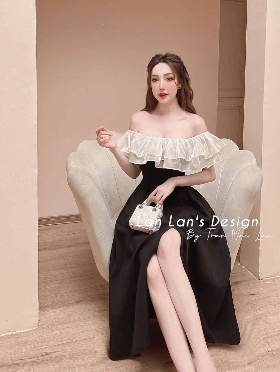 Đầm nữ công chúa , đầm midi trễ vai voan bèo phối màu , đầm đen dáng xòe sẻ tà phối bèo