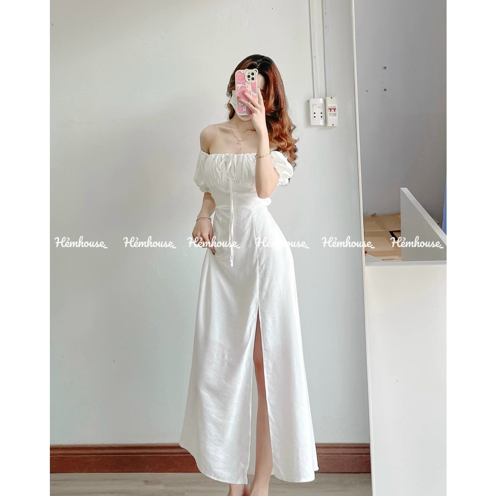 đầm von lụa dáng suông xẻ tà bệt vai DUTIEC24