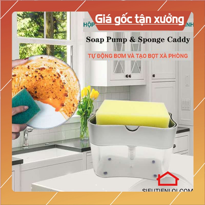 [ BẢO HÀNH 1 ĐỔI 1 ] Hộp đựng xà bông rửa chén có vòi bơm + Tặng kèm miếng mút rửa chén. Hộp đựng xà bông rửa tay, rửa chén thông minh có vòi bơm