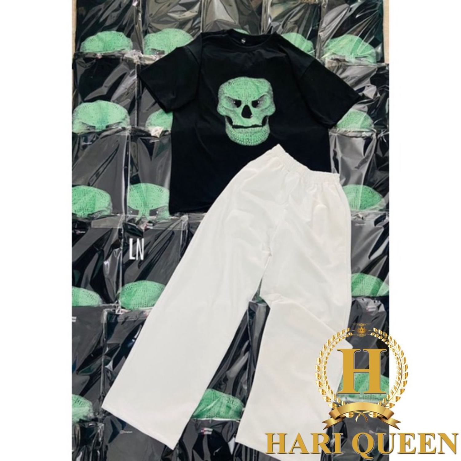 Sét áo phông đầu lâu xanh+ quần baggy kaki trắng HARIQUEEN