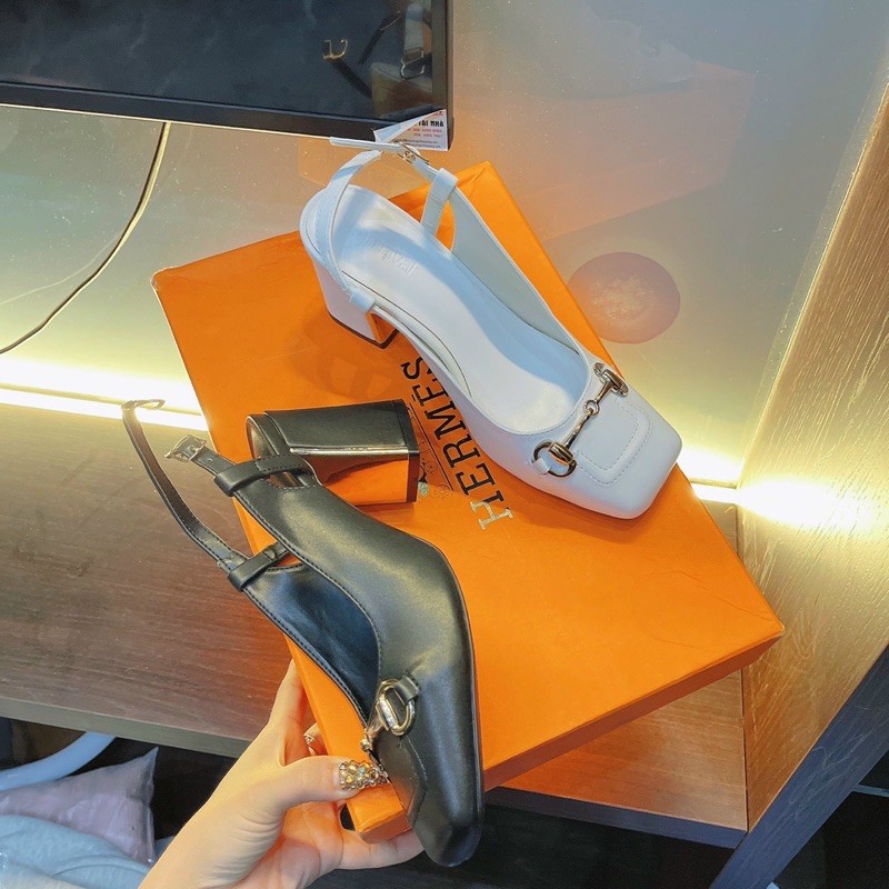 Sandal mũi vuông da mềm khoá sắt cao cấp gót 6p