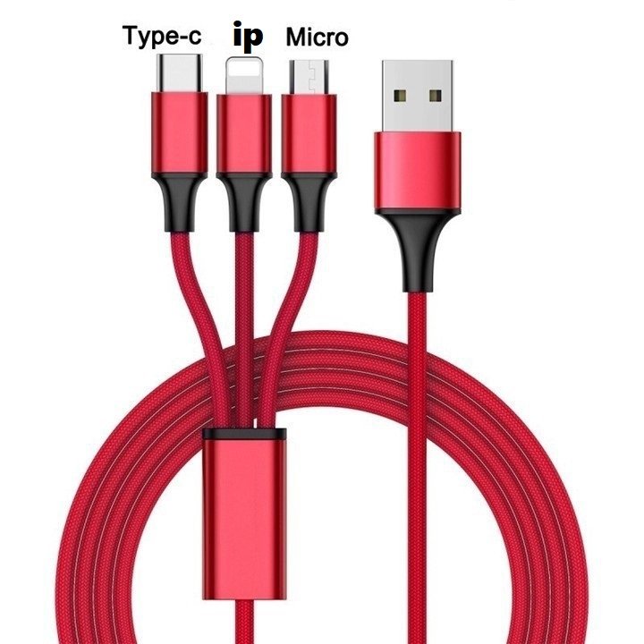 Cáp sạc 3 đầu bọc dù dài 1,2m(microUSB + lightning + Type-C
