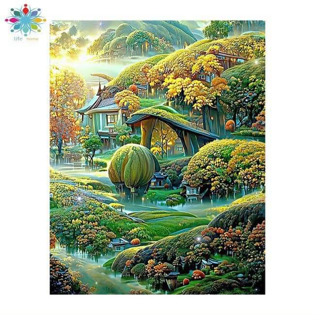 Tranh đính đá phong cảnh làng quê yên bình ( chưa đính-có khung hậu)-YN5375
