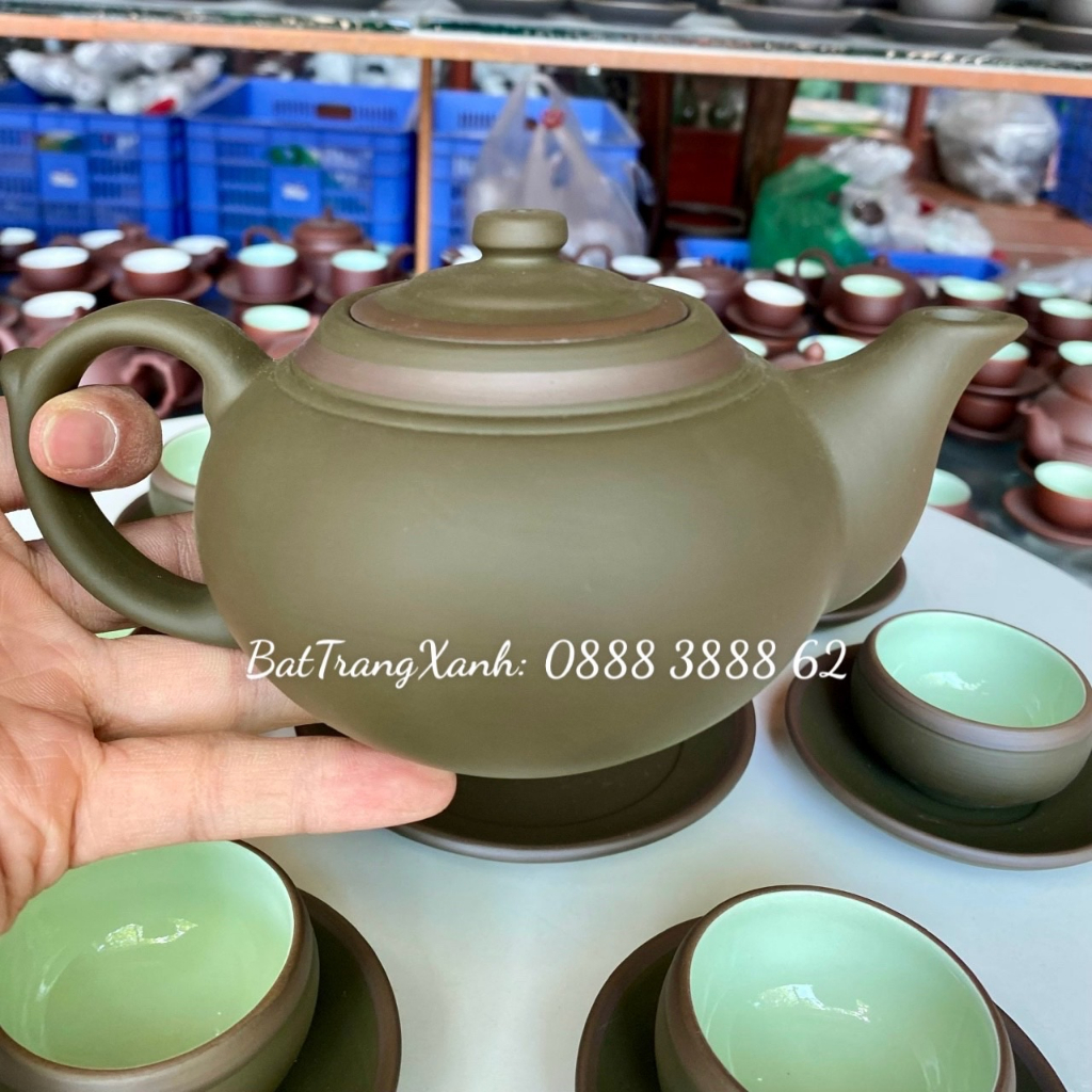 Bộ Ấm Búp Sen Xanh Chỉ Men Ngọc - Ấm Chén Uống Trà Bát Tràng