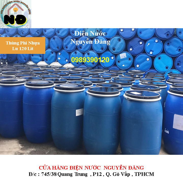 Thùng phi nhựa cũ 120l , thùng phuy xanh cũ 120l , thùng đựng nước cũ 120l,...