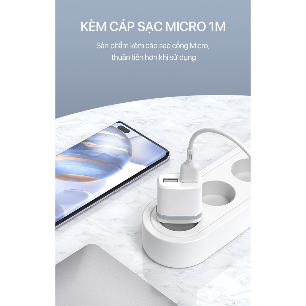 Cốc Sạc 2 Cổng USB 2.1A - ROBOT K9 - Tặng kèm Cáp Micro 1m