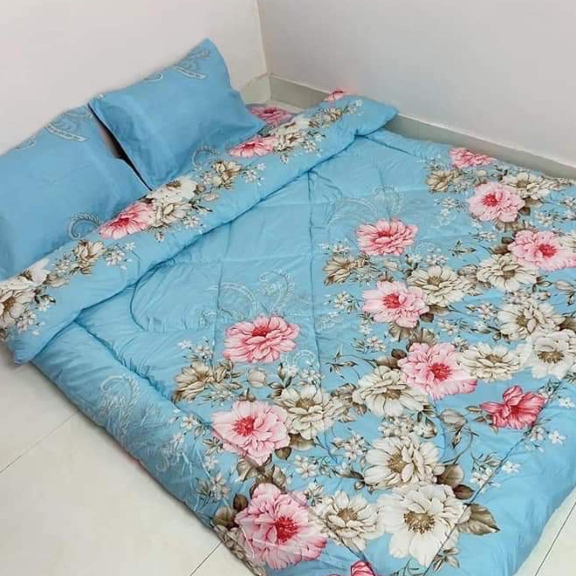 BỘ CHĂN GA GỐI CHẦN PHAO 5 MÓN HOA TRÀ XANH + TẶNG VỎ ÔM