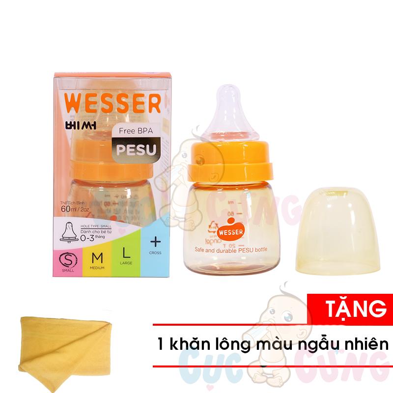 Bình sữa Wesser PESU cổ nhỏ 60ml Tặng Khăn tắm cotton siêu mềm màu ngẫu nhiên 25x40cm- binh sua co thuong