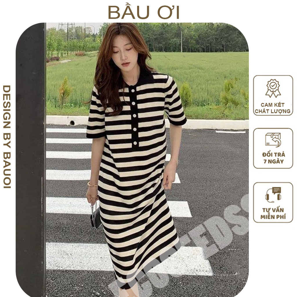 Đầm bầu suông dáng dài cổ sơ mi chất đẹp hàng cao cấp, váy bầu kẻ sọc thời trang hàn quốc - thời trang mẹ bầu
