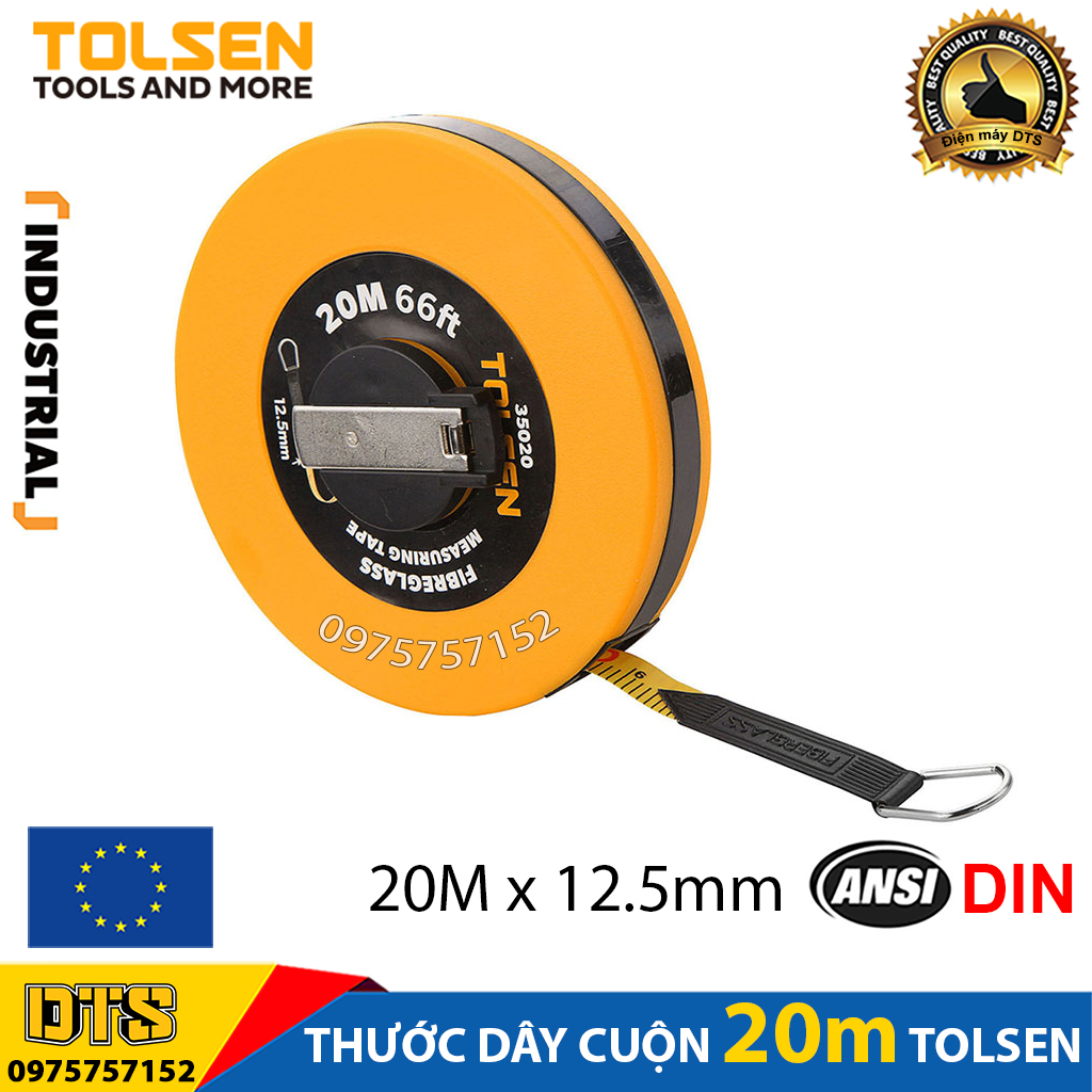 Thước dây cuộn 20m công nghiệp sợi thuỷ tinh TOLSEN, thước cuốn đa năng vỏ nhựa ABS bọc cao su siêu bền, tốc độ cuốn nhanh, thước cuộn dây, thước dây vải, thước cuộn thuỷ tinh tiêu chuẩn xuất khẩu Châu Âu