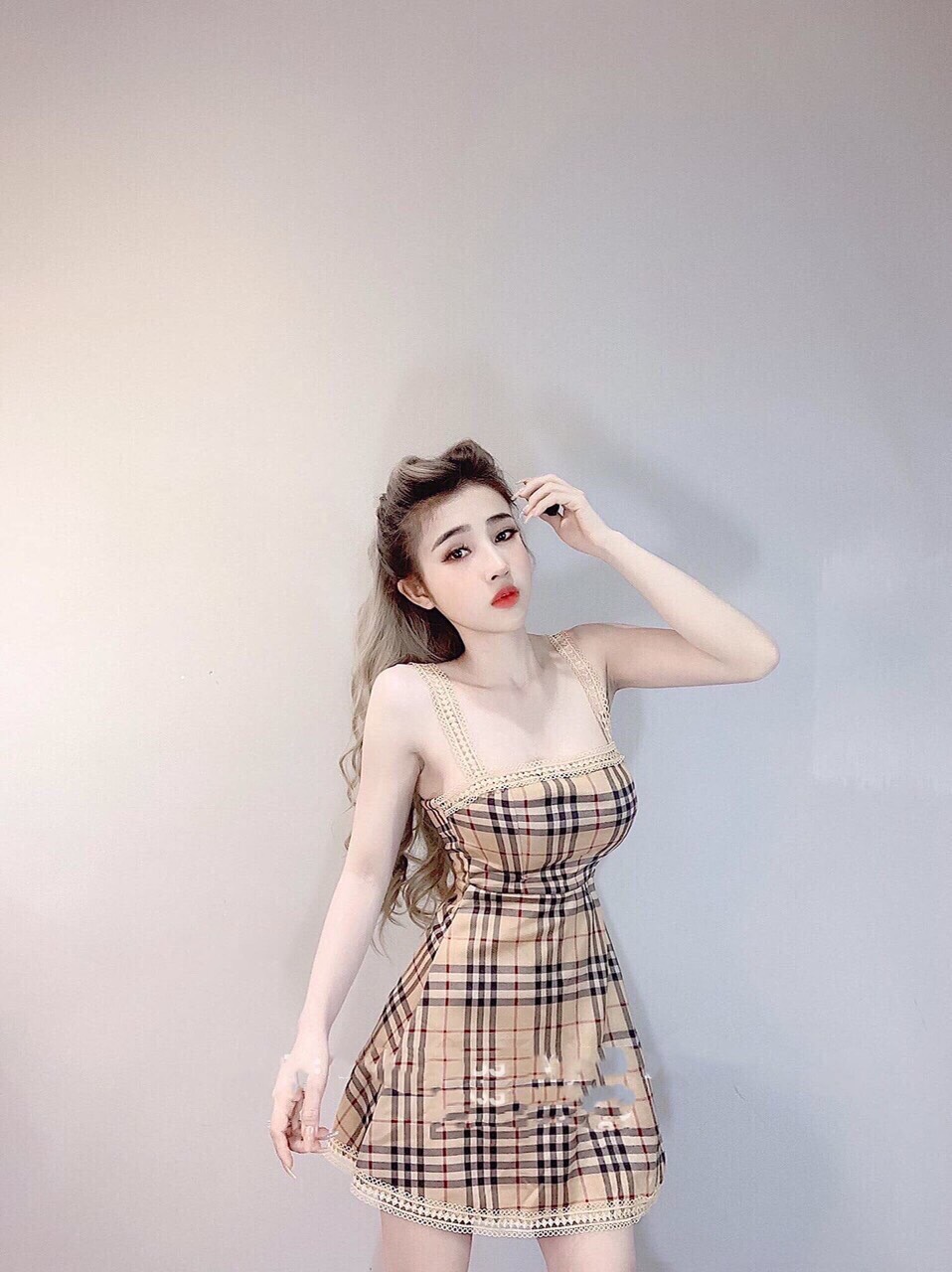 Đầm kate caro hai dây phối ren viền siêu sexy TTSA0110