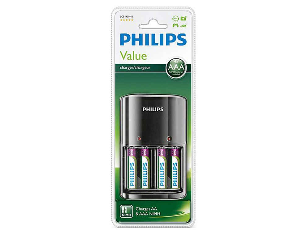 [HCM]Bộ Máy Sạc Và Pin Sạc Philips SCB1450NB AAA (Đen)