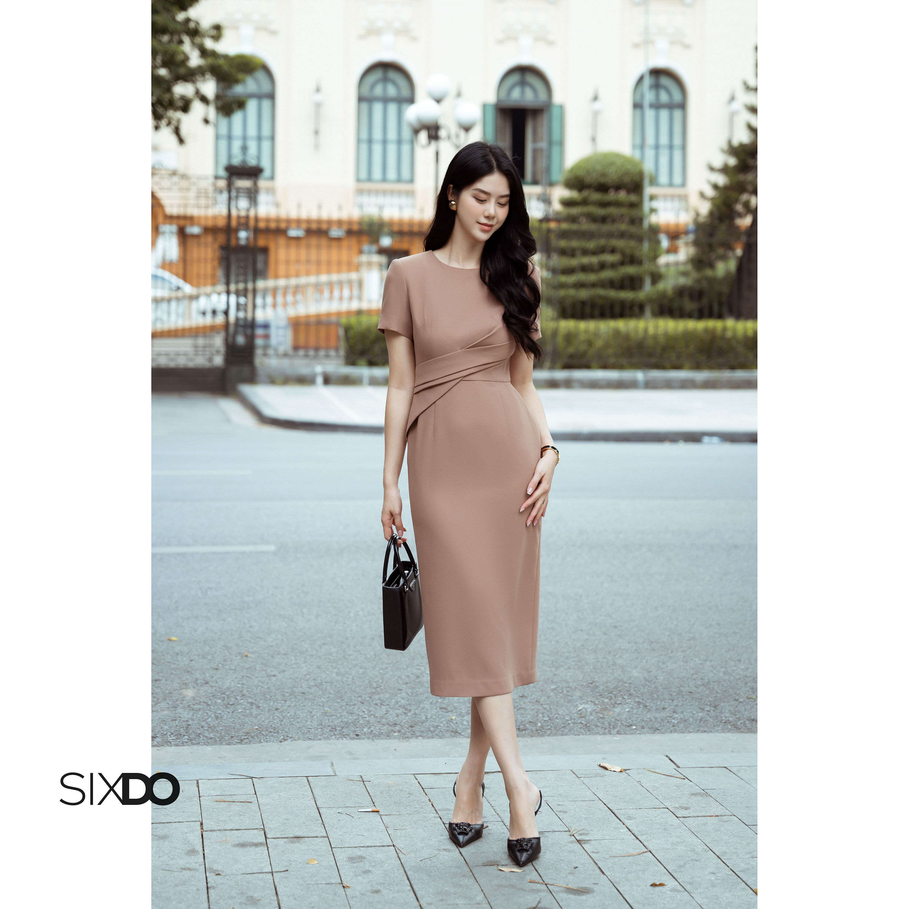 Đầm bút chì ngắn tay cổ tròn SIXDO (Midi Woven Dress)