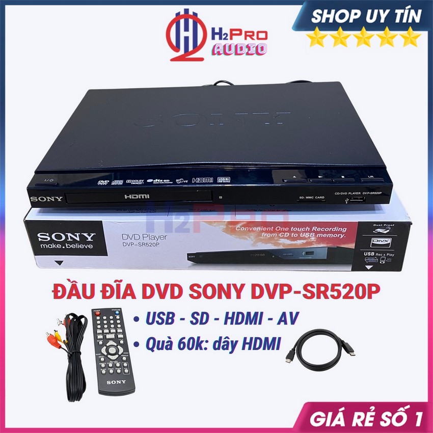 Đầu Đĩa Dvd Sony DVP-SR520P Hdmi-Usb-SD, Đầu Dvd-Cd Sony 520P Karaoke Cao Cấp, Quà 60K Dây HDMI-H2Pro Audio