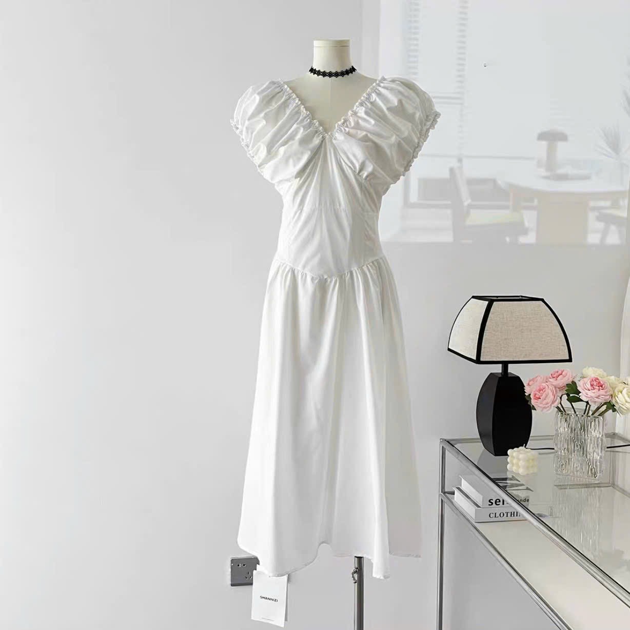 Đầm xoè cổ V nhúng vai 3 màu