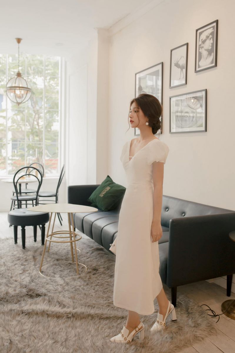 ĐẦM MAXI TAY CON PHỒNG HỎ LƯNG THẮT DÂY SANG TRỌNG(TRẮNG)