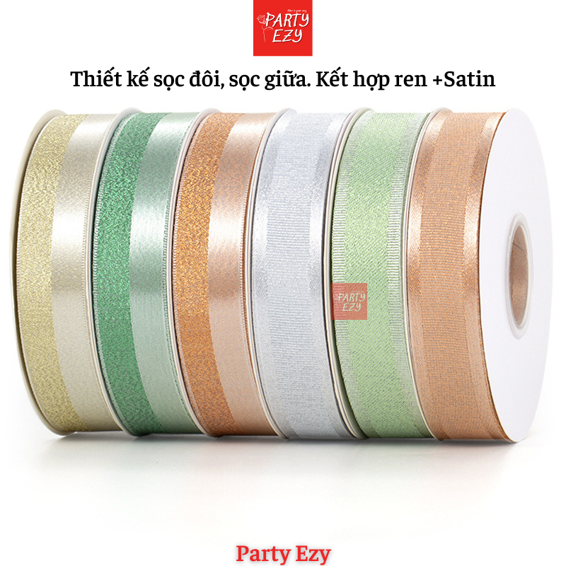 RUY BĂNG SỌC REN PHỐI SATIN 2 MẶT SIZE 2,5CM