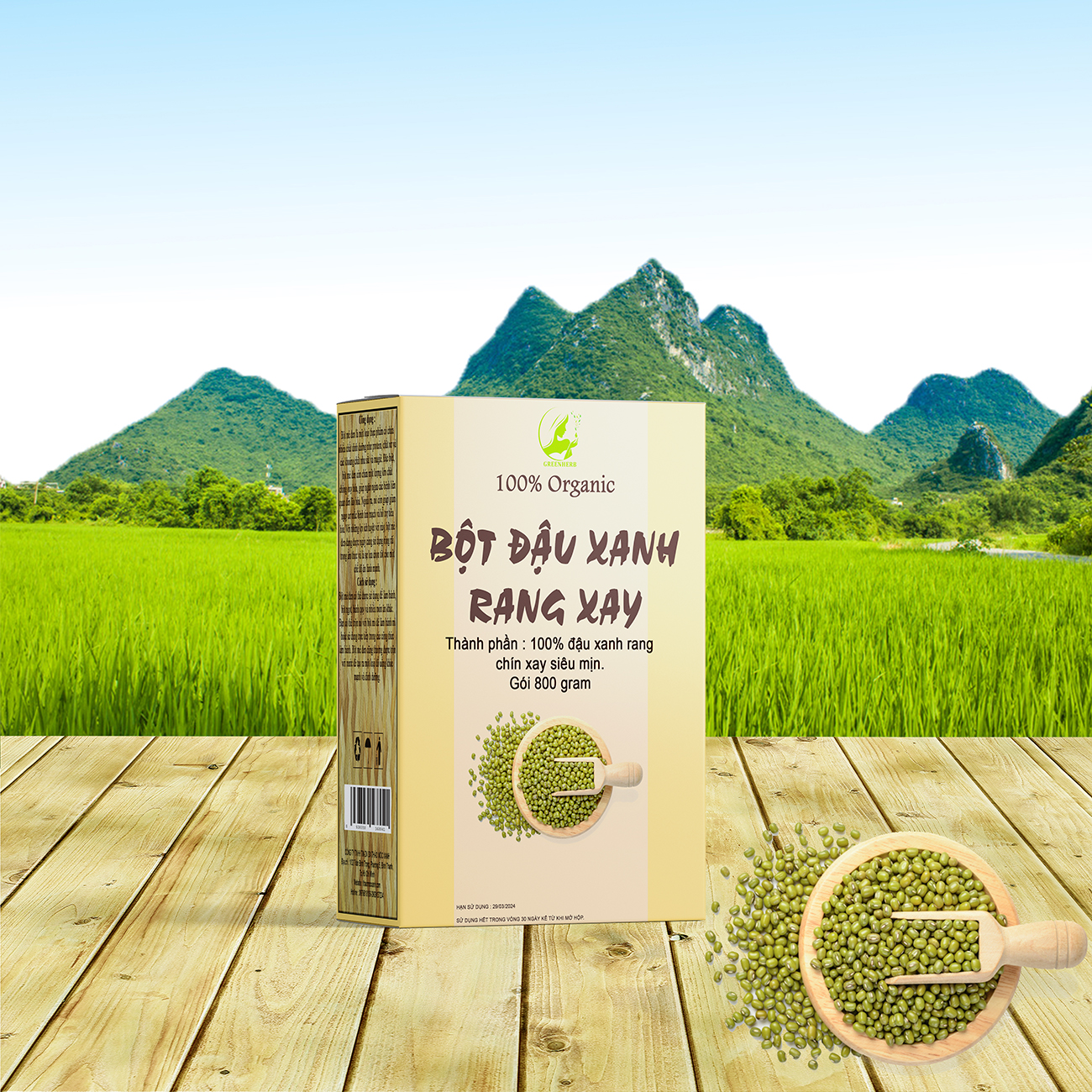 Bột đậu xanh hữu cơ hộp 800gram - Greenherb