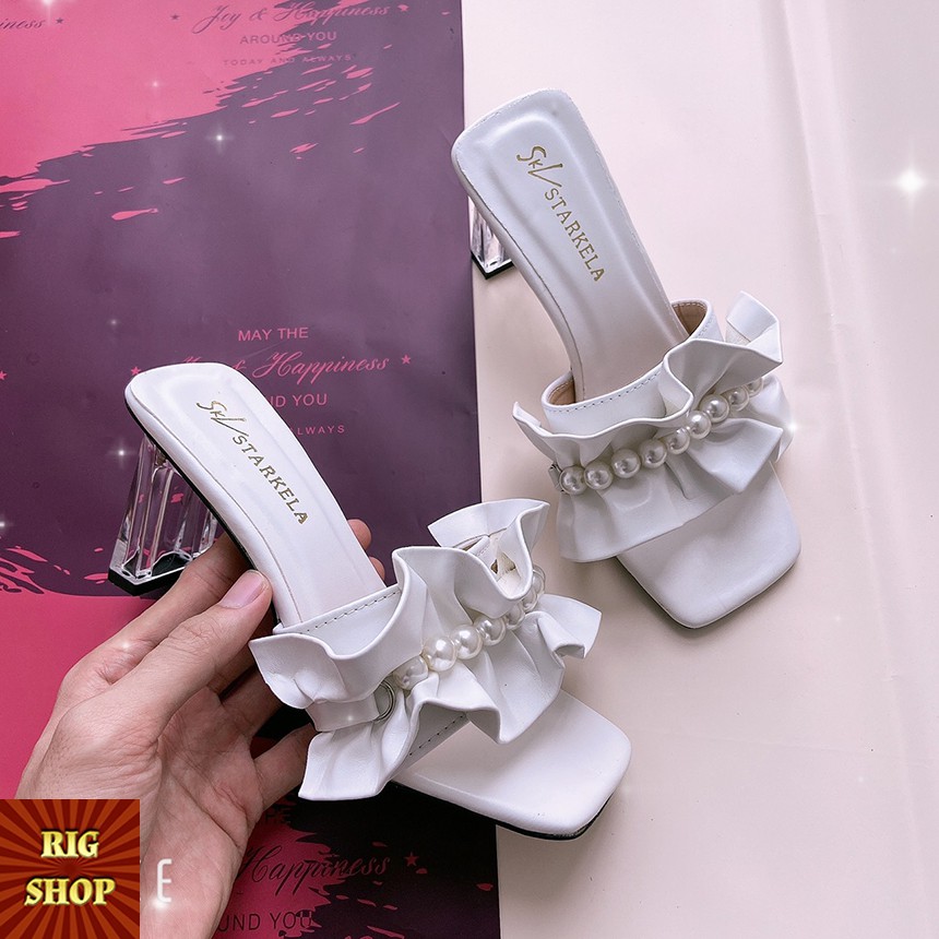 Dép cao gót đế trong cao 7cm chuỗi ngọc lấp lánh quai bèo - d10