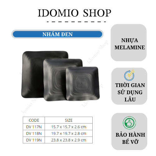 [HCM]Đĩa Nhựa Vuông  Melamine Đen Nhám 19.7cm (DV118N)