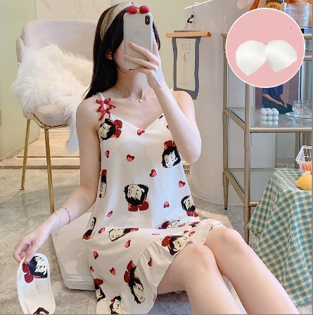 Đầm ngủ 2 dây có đệm ngực nhiều mẫu cute xếp li d02 tặng kèm bịt mắt❤️❤️❤️