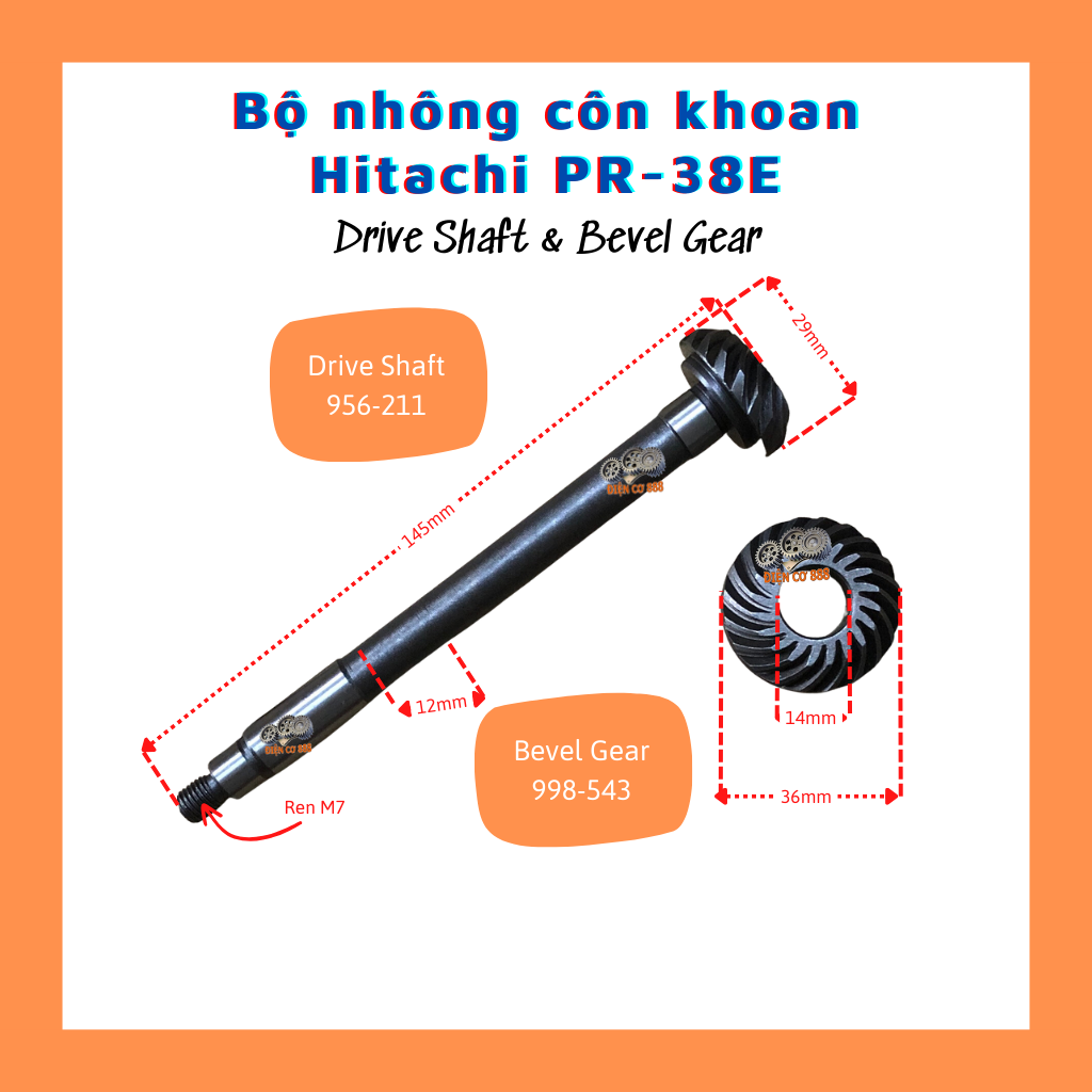 (Bevel Gear + Drive Shaft) Bộ nhông bánh răng trục Hitachi PR-38E, FEG EG-580, DCA AZC38 - Nhông côn PR-38E