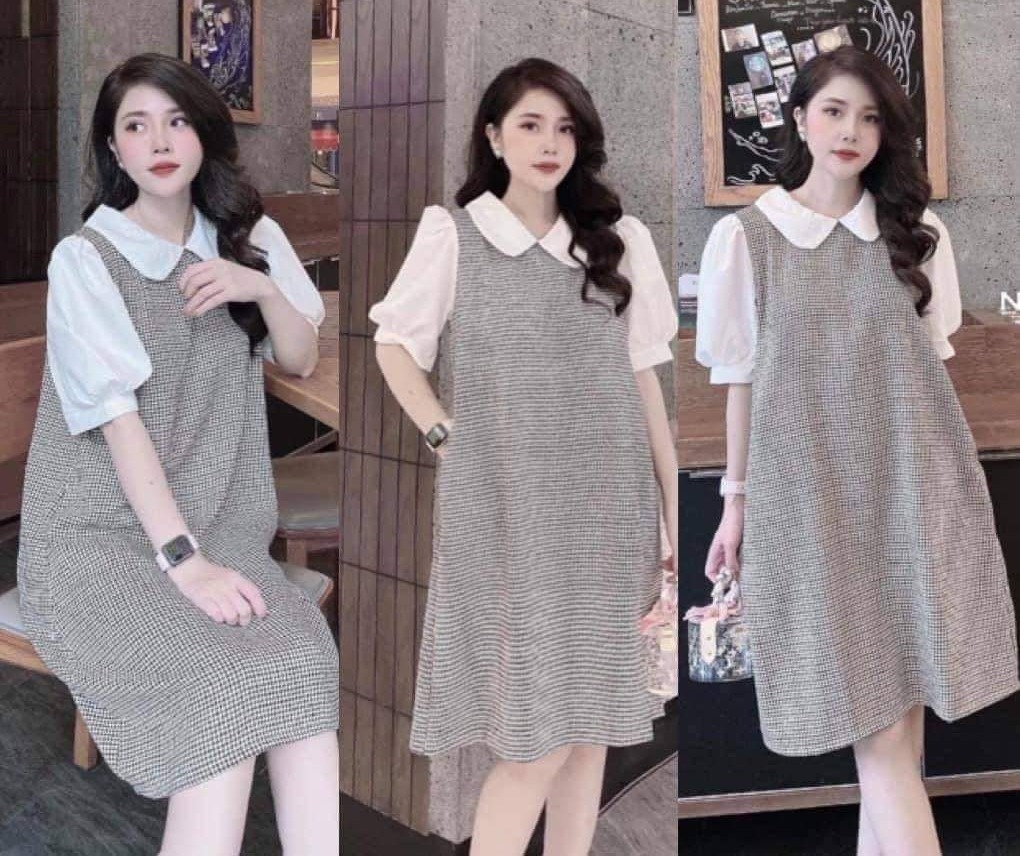 váy bầu công sở thiết kế mẫu mới kẻ sọc, đầm dáng suông free size 43-70kg