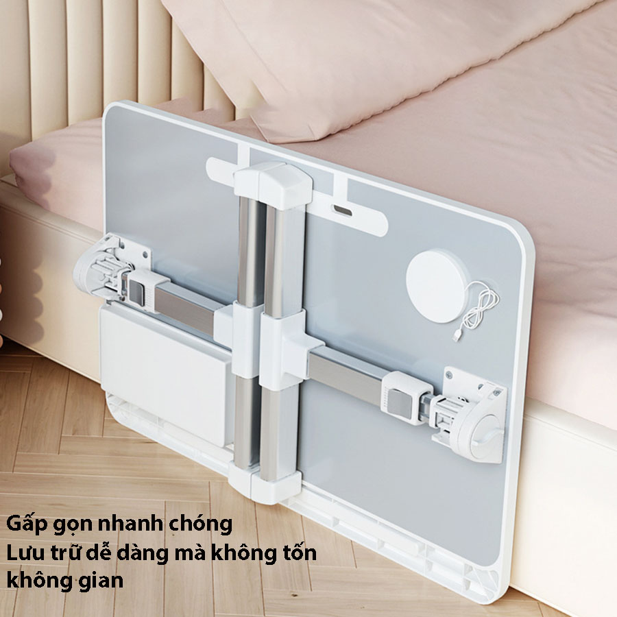 Bàn làm việc gấp gọn có 4 cổng USB,chân bàn hợp kim nhôm chắc chắn có thể điều chỉnh độ cao,Bàn gấp gọn di động có ngăn tủ và khe chống trượt trên mặt bàn