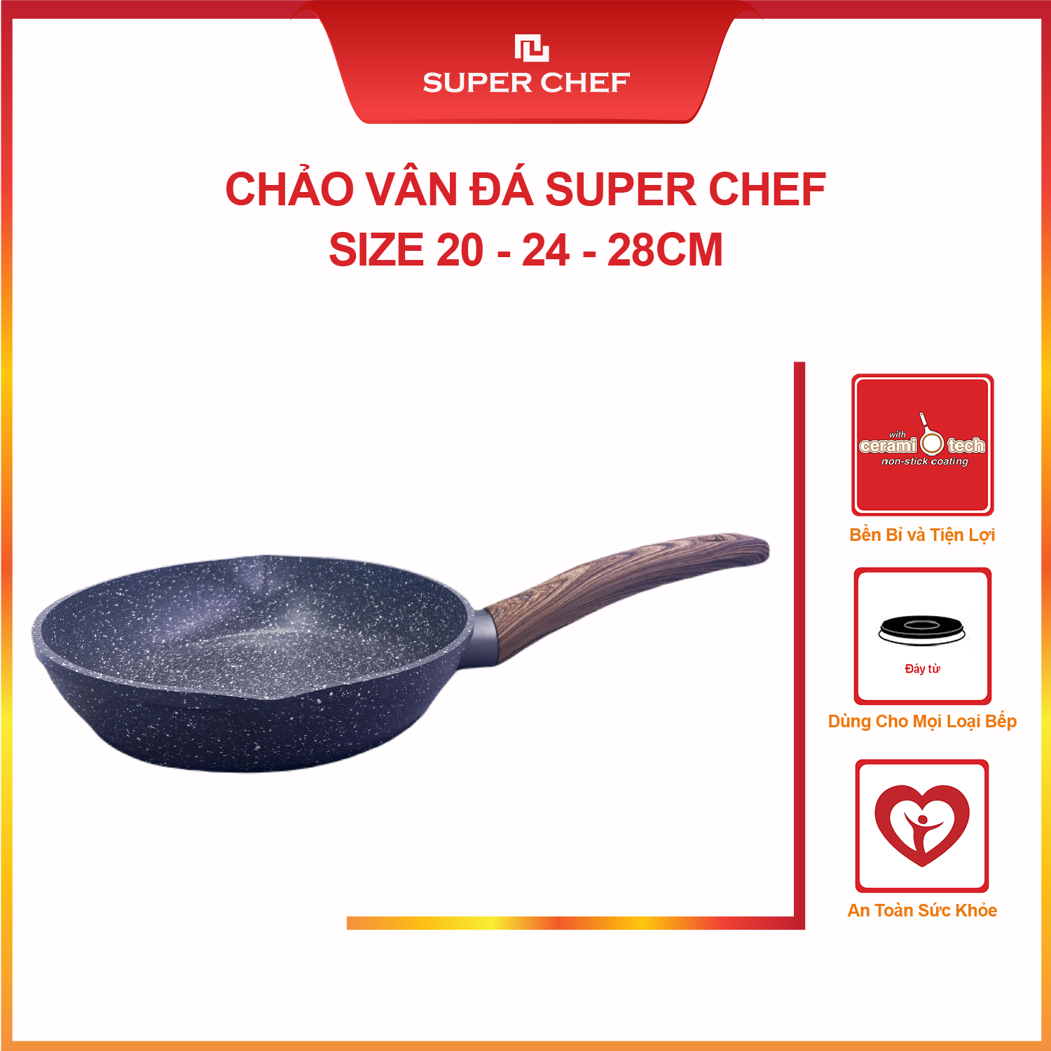 Chảo Chống dính Vân Đá Super Chef 2 miệng rót Siêu Bền Bỉ (20-24-28 cm)