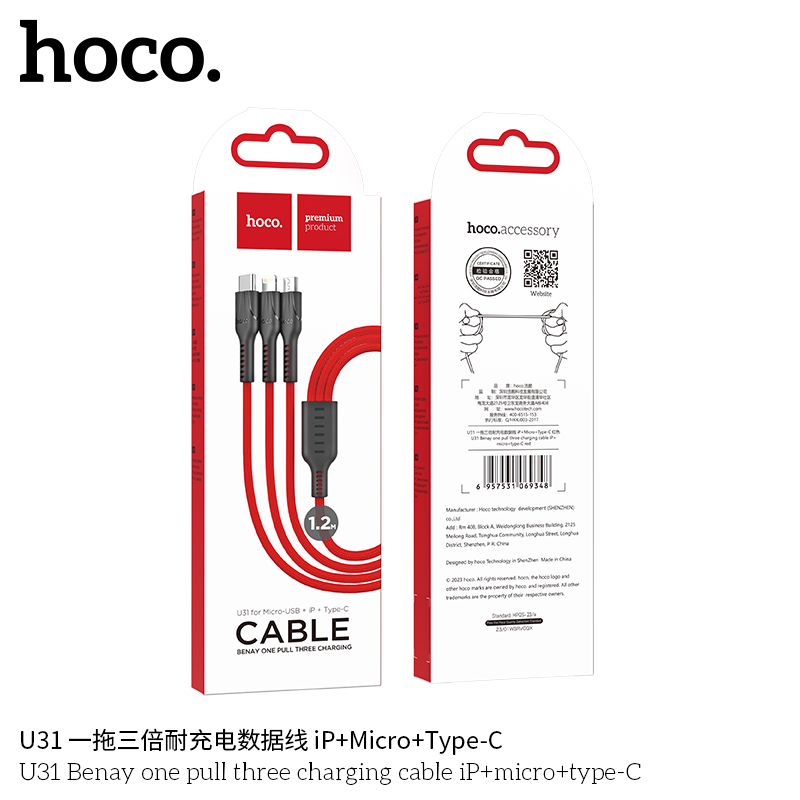 Cáp Hoco U31 (3 Đầu Lightning/Micro/Type-C) Bọc dù chống đứt sạc nhanh.