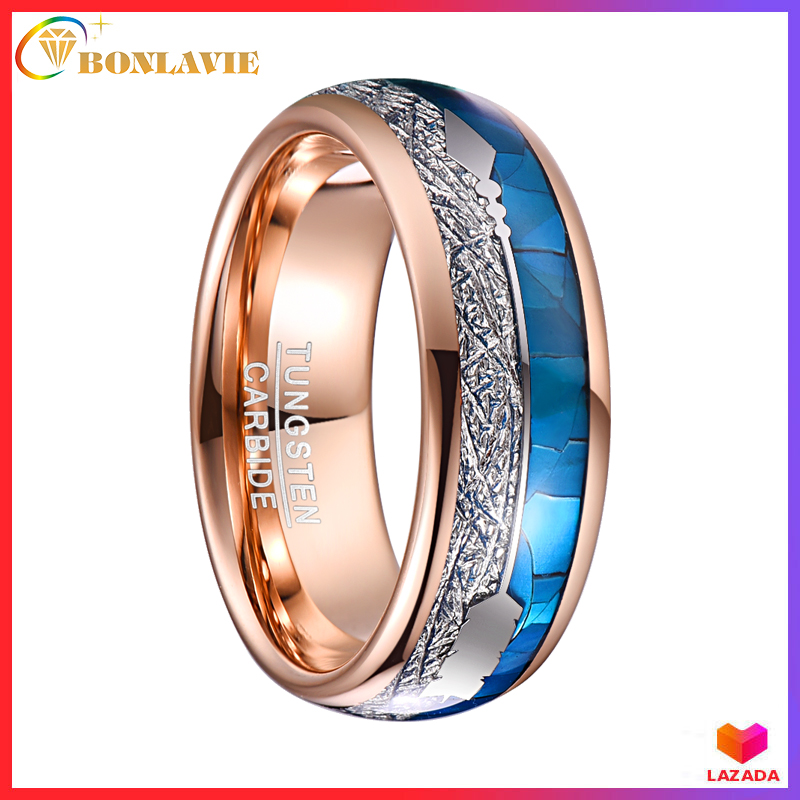 Bonlavie 8mm wide 100% real tungsten carbide ring rose gold plating inlaid blue shell + meteorite+arrow dome tungsten steel ring t225r