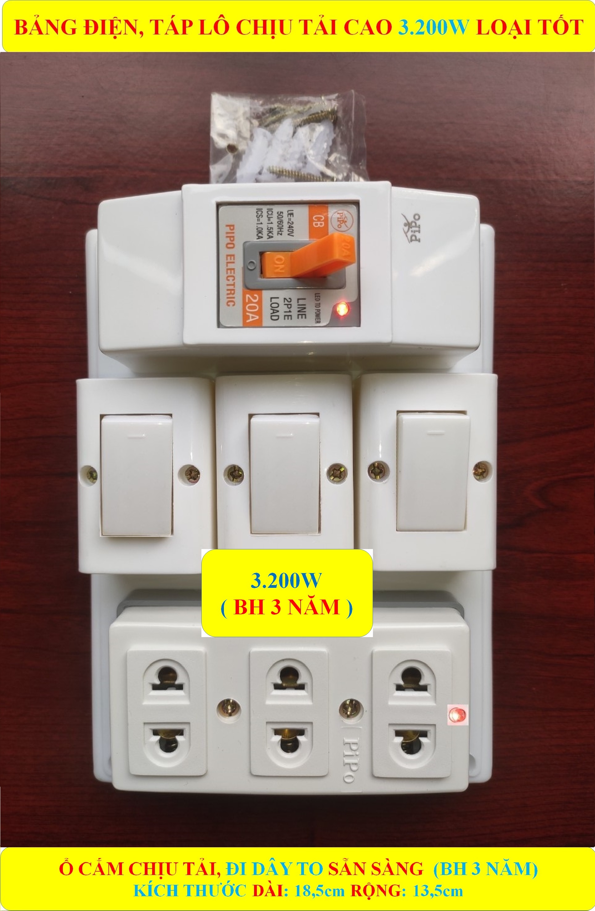 Bảng điện nổi , Táp lô điện 3.200W LOẠI TỐT + (BH 3 NĂM) + CB atomat 20A chống quá tải + 3 Công tắc + Ổ cắm lò xo bung chống giãn + Đi dây TO sẵn sàng + Bộ ốc vít lắp đặt (bộ 1 sản phẩm)