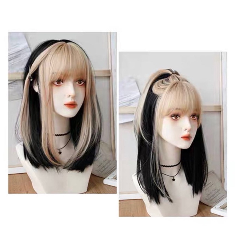 Tóc giả nguyên đầu cúp 35cm phối mái vàng