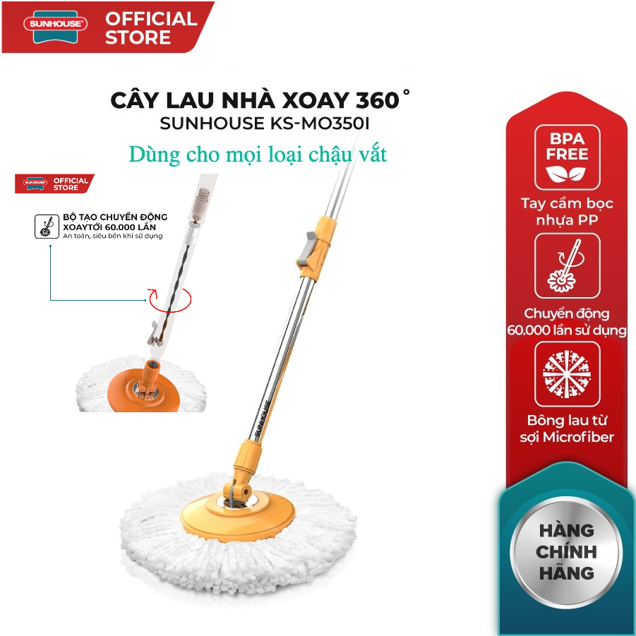 Cây Lau Nhà Xoay 360 Độ SUNHOUSE KS-MO350I , độ bền cao, chính hãng,  để thay thế cho các bộ lau nhà bị hỏng cây hoặc dùng trực tiếp