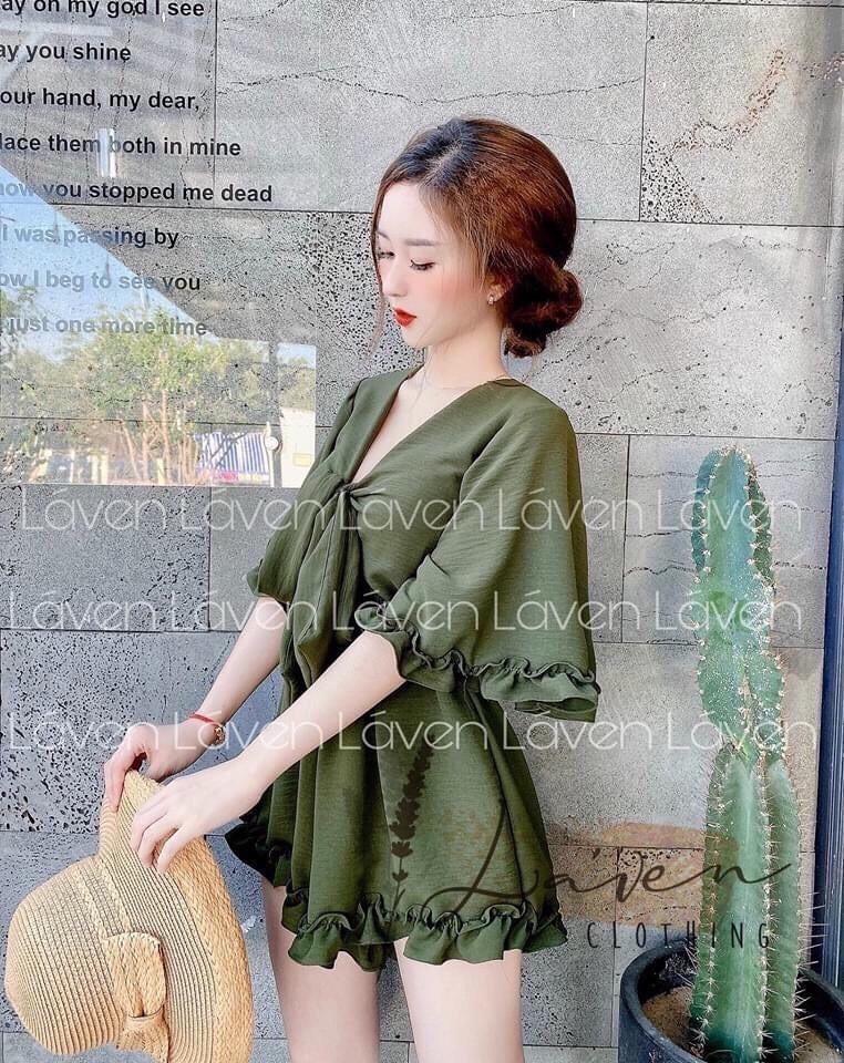 Jum quần đùi áo cổ V cột nơ
