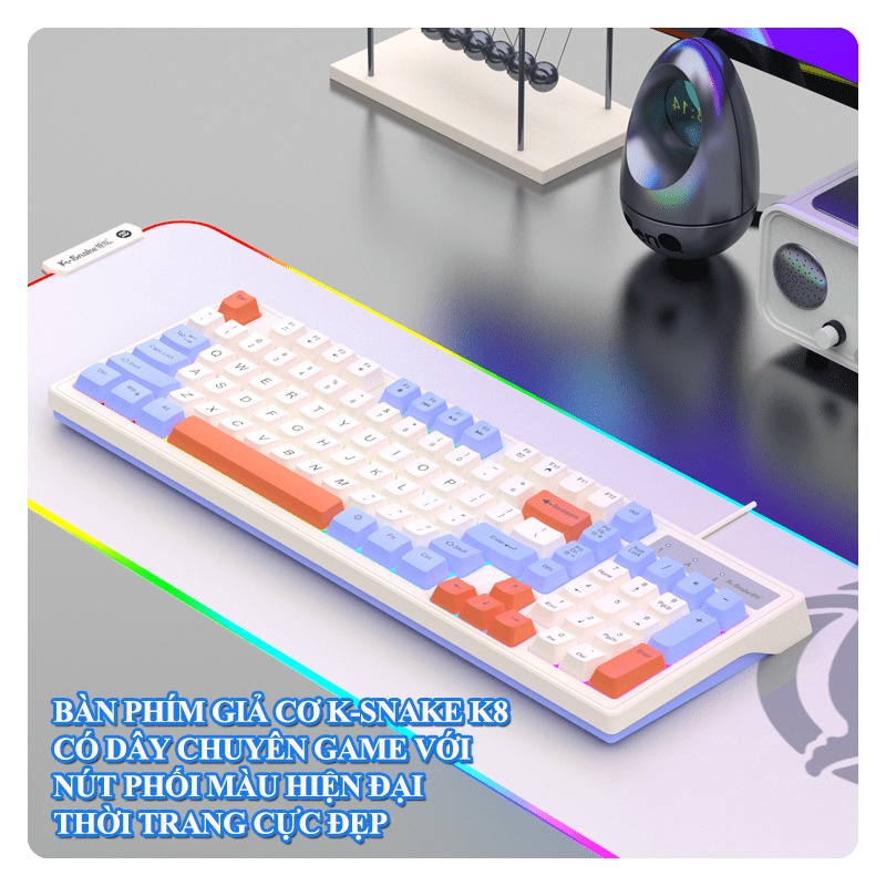 Bàn phím giả cơ có dây K-SNAKE K8 thiết kế mini size 98 phím với màu sắc phối màu mới lạ kèm theo đèn led 7 màu chớp nháy cực đẹp dành cho game thủ - NK