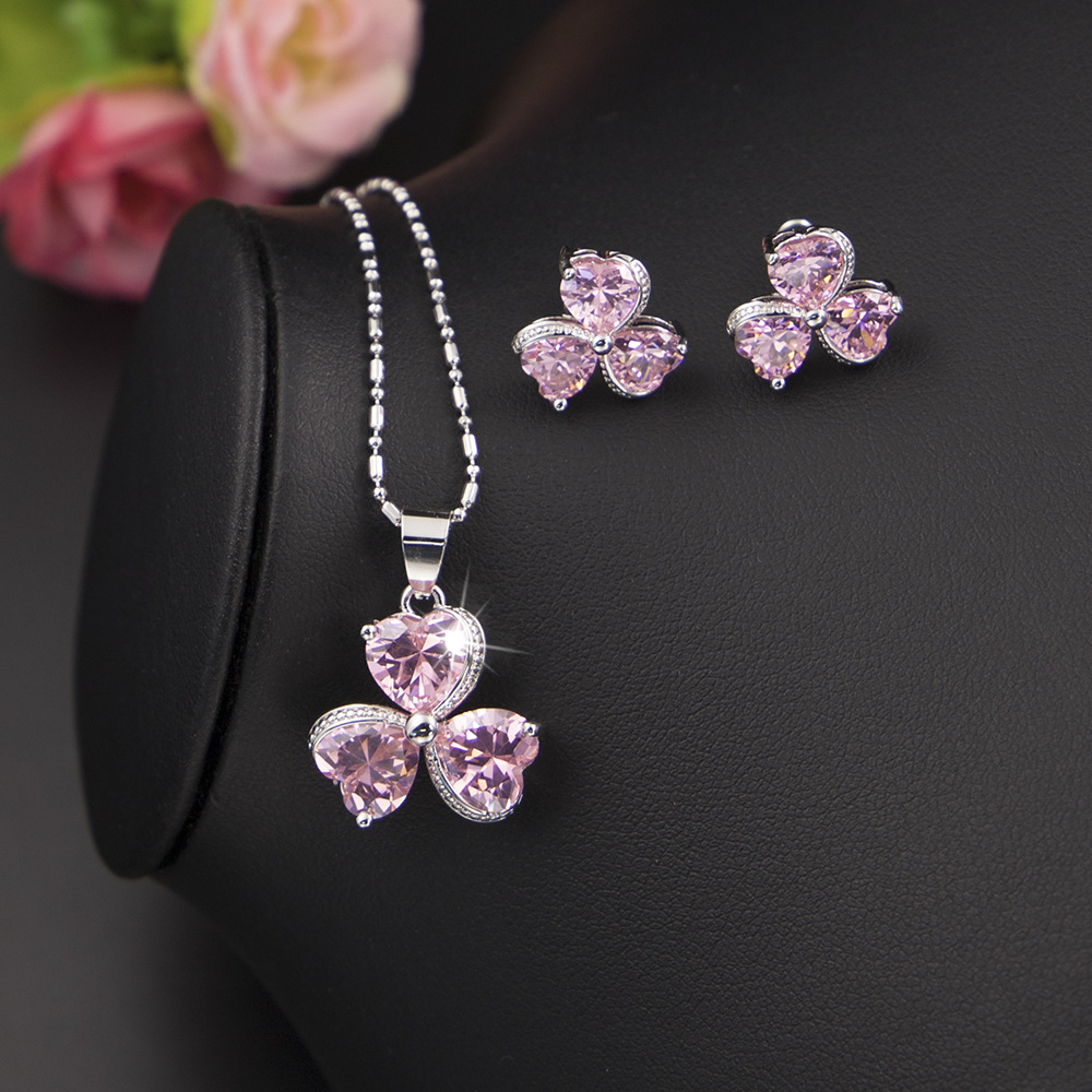 Bộ trang sức cỏ ba lá zircon nữ vòng cổ kim cương bông tai trang sức cưới bộ ba mảnh
