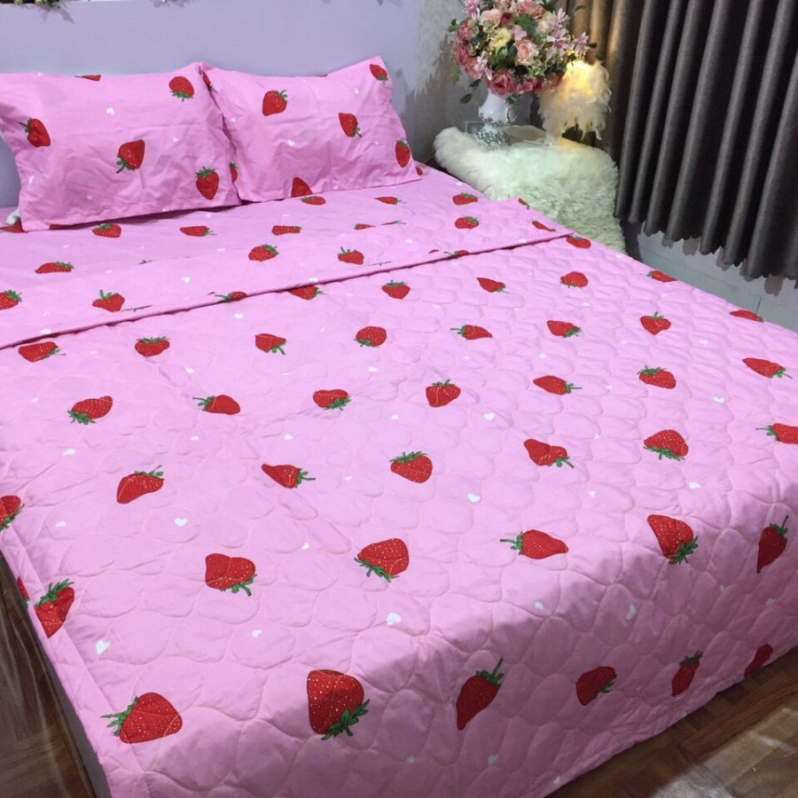 Bộ Chăn Ga Cotton Poly 5 Món - 4 Món  Dâu Hồng ( 1M6 x 2M ) - ( 1 Drap + 2 Vỏ Gối Nằm + 1 Chăn Hè + 1 Vỏ Gối Ôm )