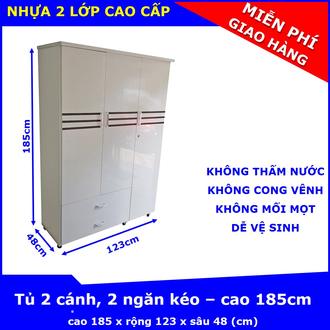 Tủ nhựa Trẻ Em/Người Lớn, 3 cánh 2 ngăn, cao 185 x rộng 123 x sâu 48 (cm), chất liệu nhựa Đài Loan 2 lớp - KHÔNG THẤM NƯỚC, KHÔNG CONG VÊNH, KHÔNG MỐI MỌT