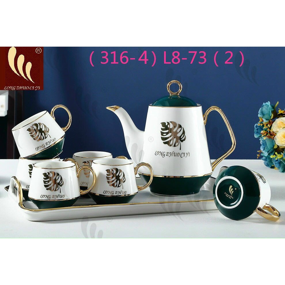 Bộ ấm chén sứ trắng lá Trầu Bà đế xanh (kèm khay)
