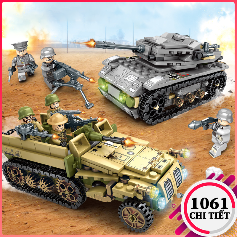 Đồ chơi lego lắp ghép xe tăng 1061 chi tiết, đồ chơi xếp hình lego gồm 26 loại lego xe tăng, lego máy bay và lego xe quân sự