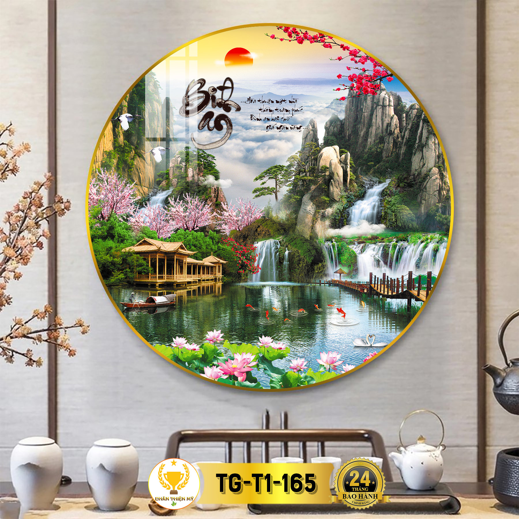 Tranh tráng gương pha lê tròn chân thiện mỹ, tranh decor treo tường trang trí phòng chữ thư pháp tg-t1-166
